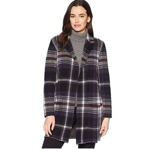 Chaps Blue White Red Plaid Open Long Knit Jacket Coat XL
